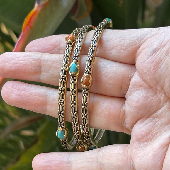 BARSE Bundle of 3 turquoise and agate signed antique bronze color metal bangles - Picture 8 of 8